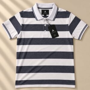 ASTRYNE Bold Stripe Polo — Navy & White